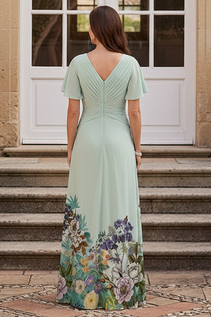 Pleated Flutter Sleeve Floral Hem Maxi Dress