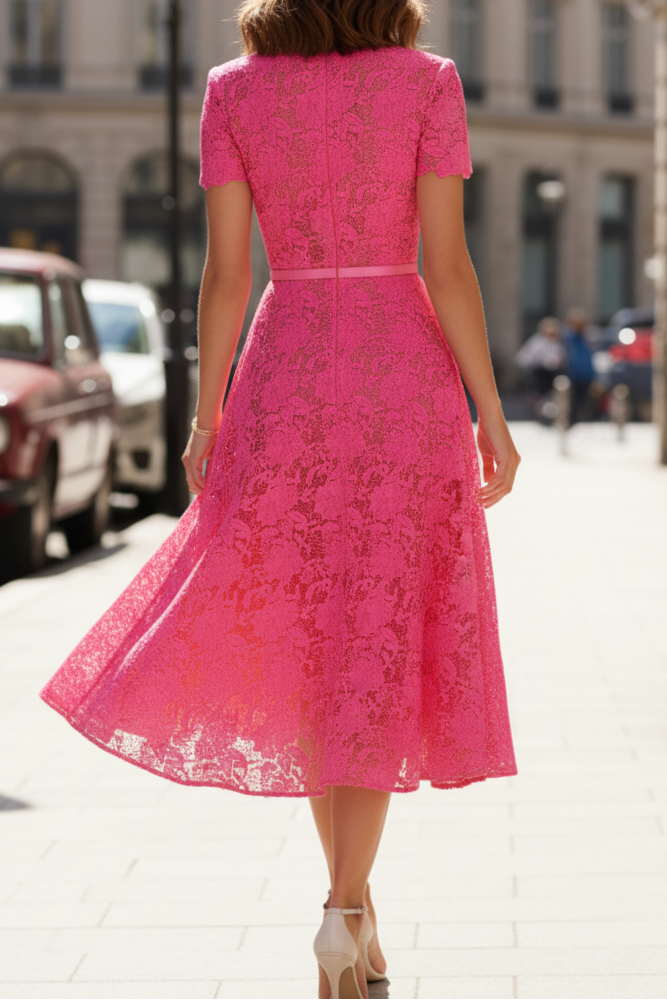 Hot Pink Floral Lace Midi Dress with Bow Belt | Short Sleeve A-Line Cocktail Dress