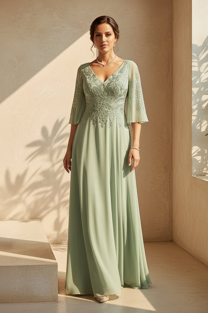 Embroidered A-Line Chiffon Gown with Flutter Sleeves