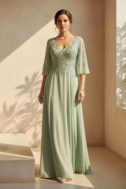 Embroidered A-Line Chiffon Gown with Flutter Sleeves