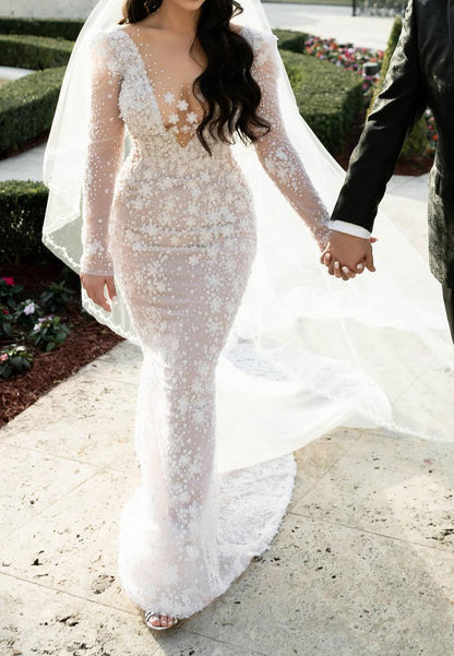 Beaded Illusion Plunge Mermaid Wedding Dress