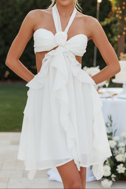 Ruffled Halter Mini Dress with Rosette Detail