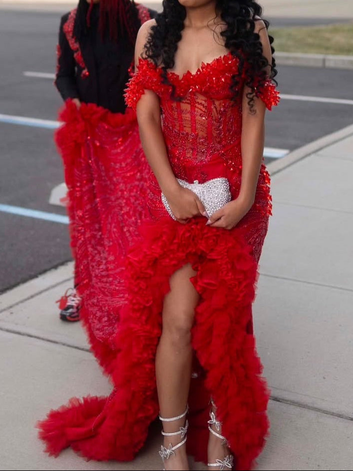 Off-the-Shoulder Beaded Corset Gown with Ruffle Train