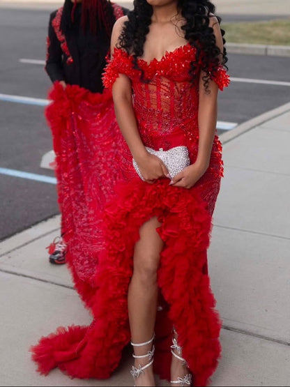Off-the-Shoulder Beaded Corset Gown with Ruffle Train