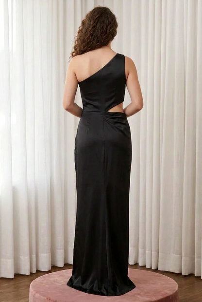 One-Shoulder Beaded Bodice Gown with Slit