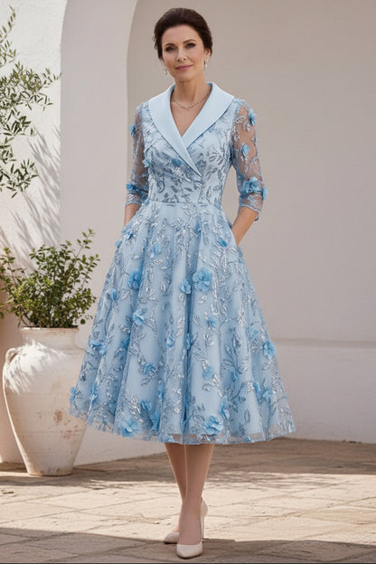 3D Floral Tea-Length A-Line Dress with Pockets