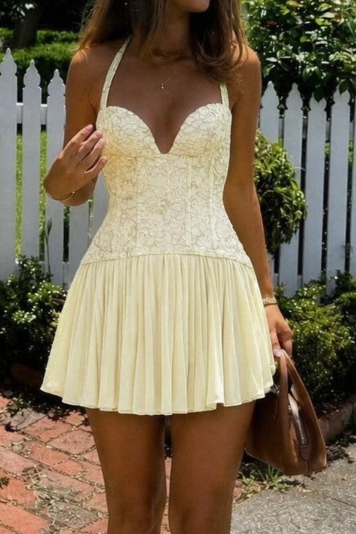 Lace-Up Corset Mini Dress with Pleated Flared Skirt