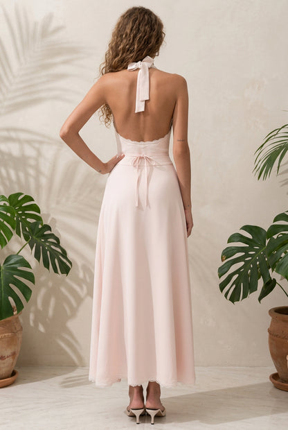 Halter Neck Lace Trim Maxi Dress