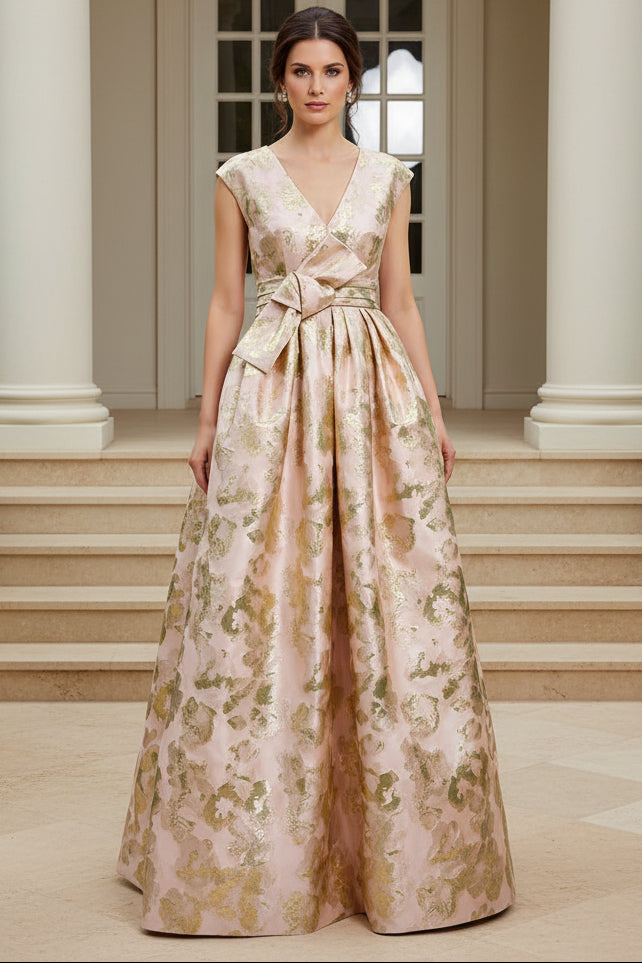 Floral Jacquard Ball Gown with Waist Bow