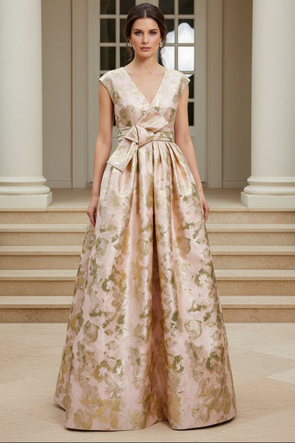 Floral Jacquard Ball Gown with Waist Bow