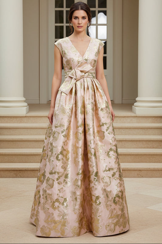 Floral Jacquard Ball Gown with Waist Bow
