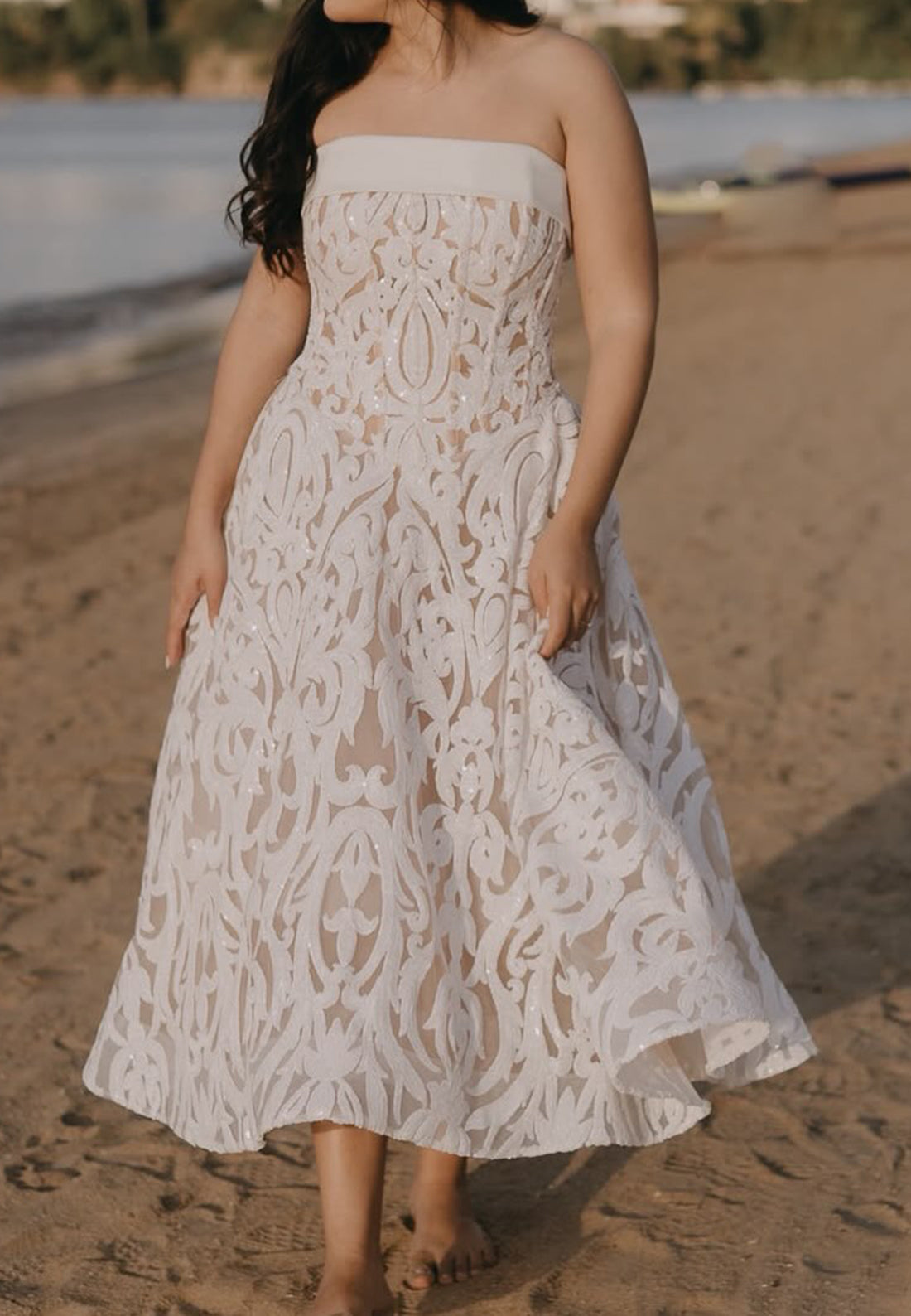 Strapless Lace Tea-Length A-Line Dress