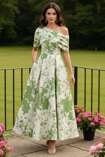 Off-Shoulder Floral Jacquard Tea-Length Dress