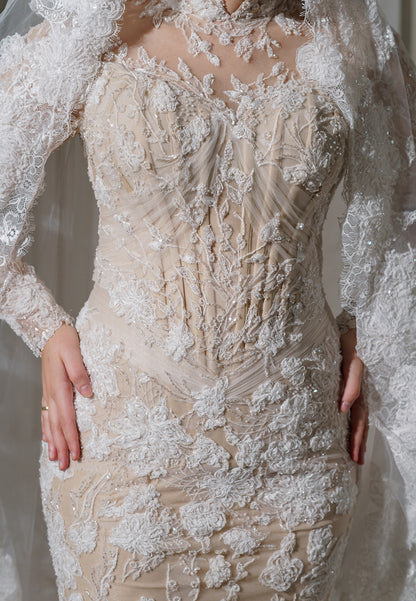 High Neck Lace Long Sleeve Wedding Dress