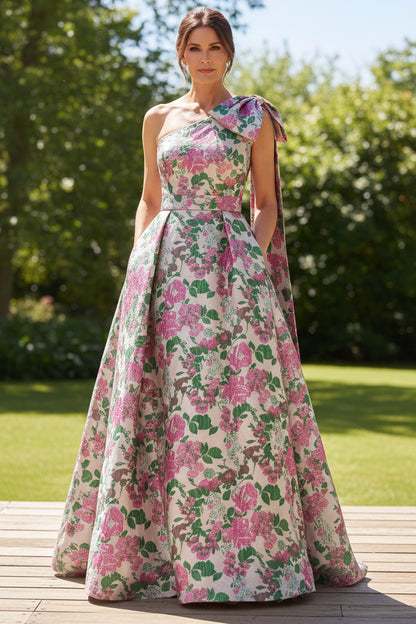 One-Shoulder Floral Jacquard A-Line Gown
