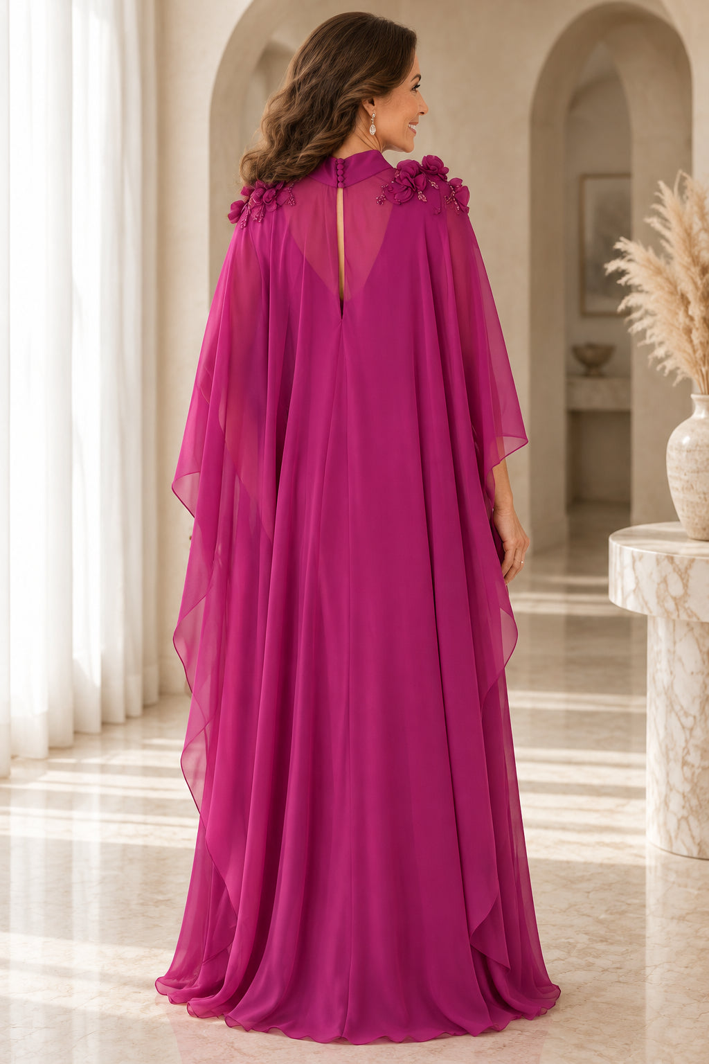 High Neck Cape Evening Gown with 3D Florals