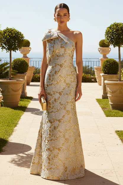 One-Shoulder Metallic Jacquard Trumpet Evening Gown