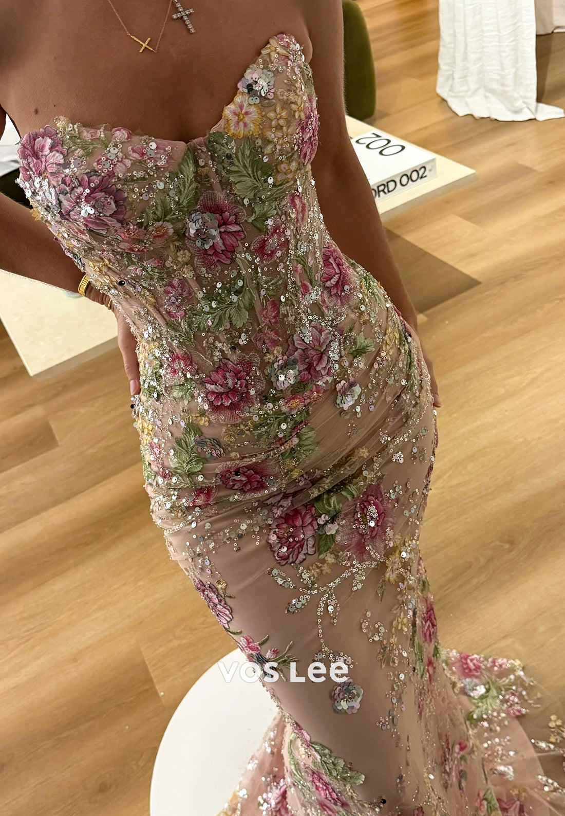 Floral Embroidered Strapless Corset Gown