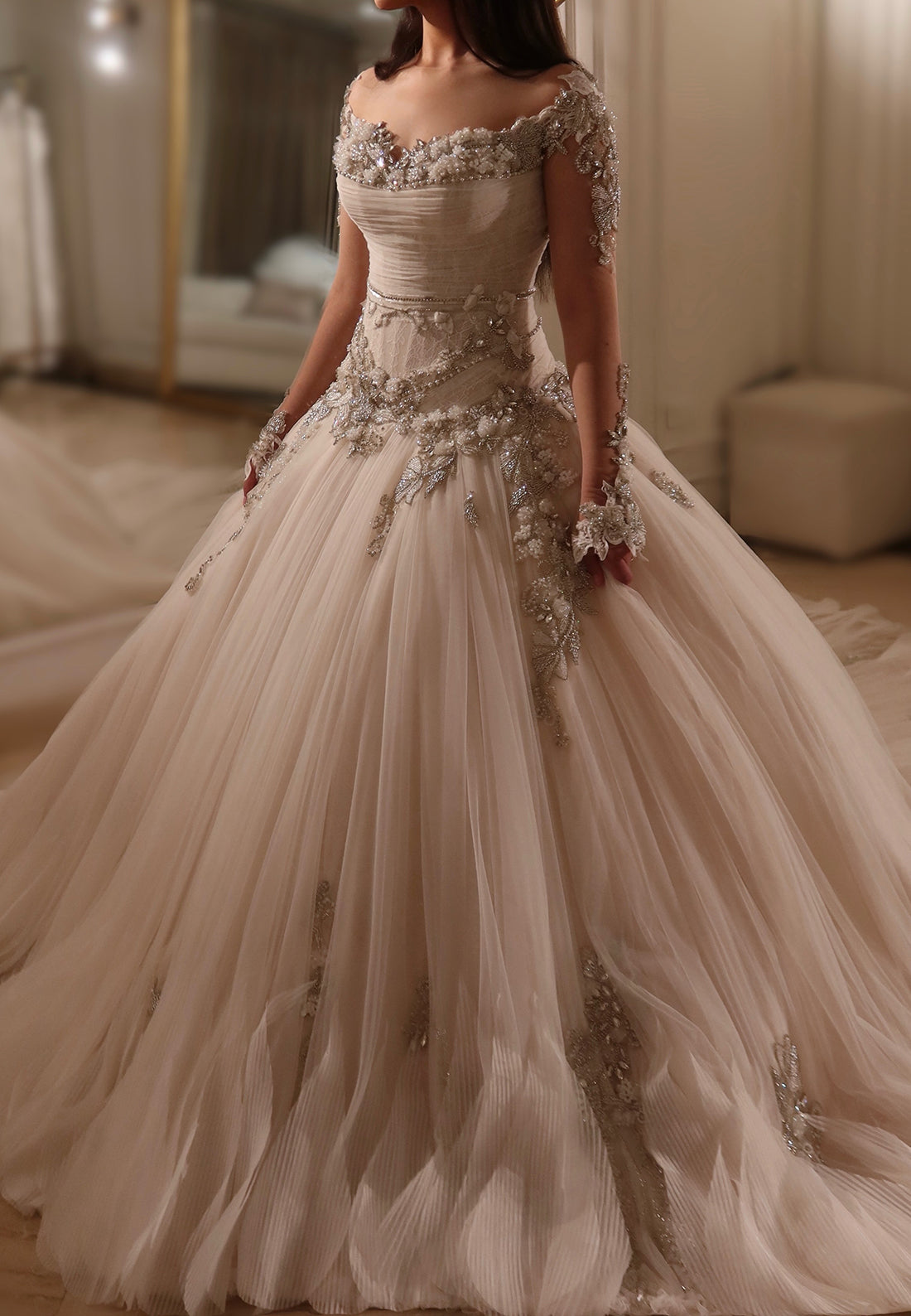 Pleated Tulle Ball Gown Wedding Dress