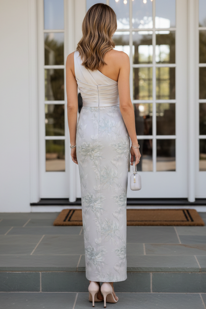 One-Shoulder Pleated Jacquard Maxi Dress with Bow