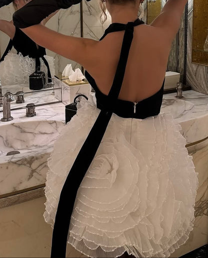 Plunging Halter Ruffled Bubble Mini Dress