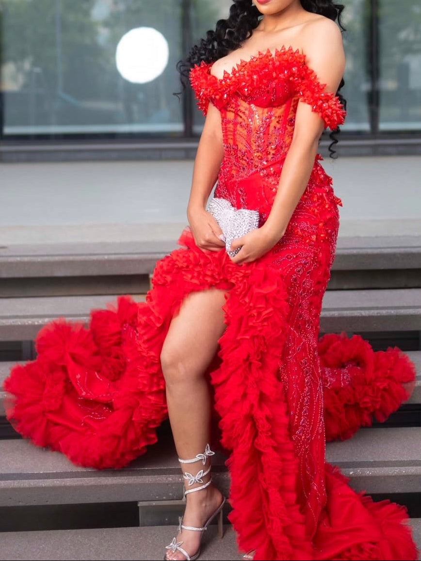 Off-the-Shoulder Beaded Corset Gown with Ruffle Train