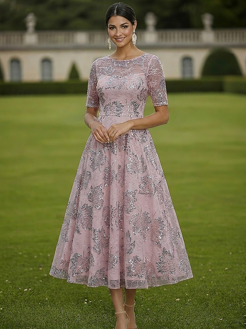 Sequin Leaf Illusion Tea-Length A-Line Dress