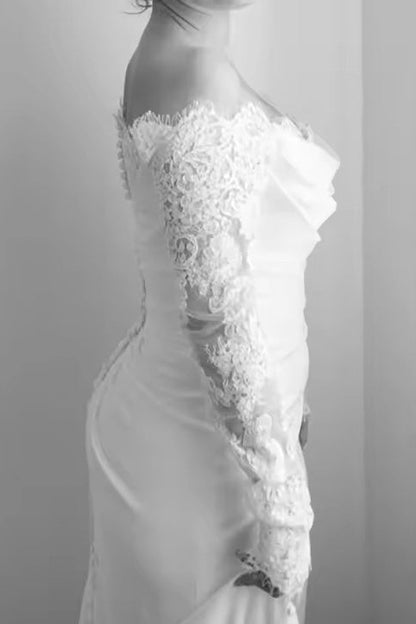 Off-the-Shoulder Lace Sleeve Gown with Slit
