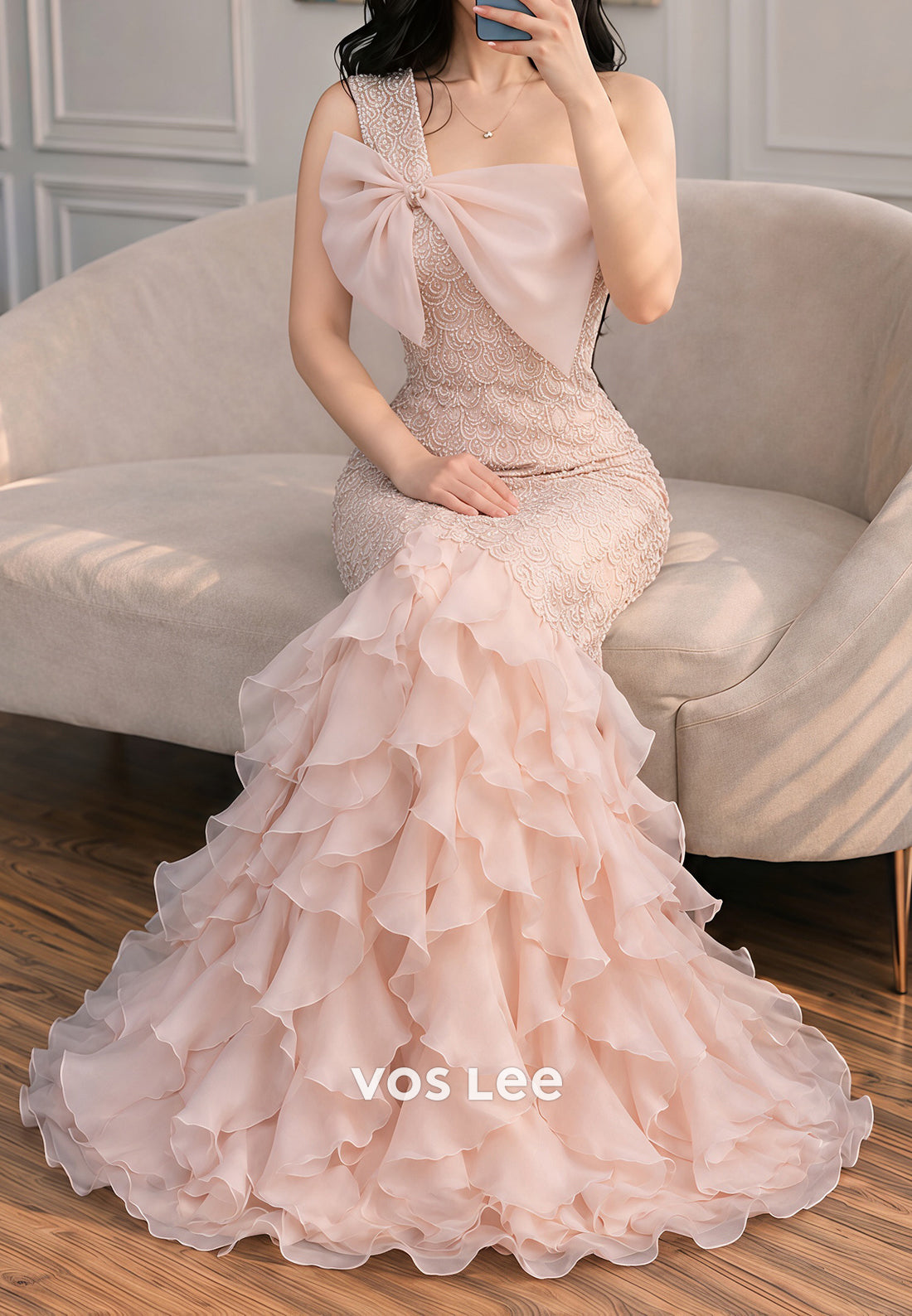 One-Shoulder Beaded Mermaid Gown with Tiered Ruffles
