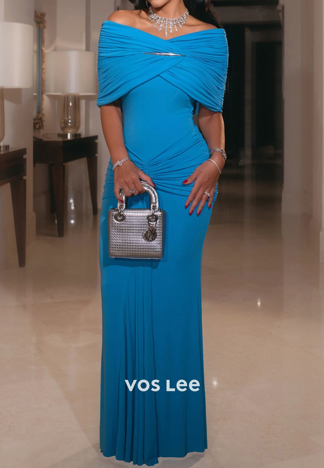 Off-the-Shoulder Ruched Draped Evening Gown