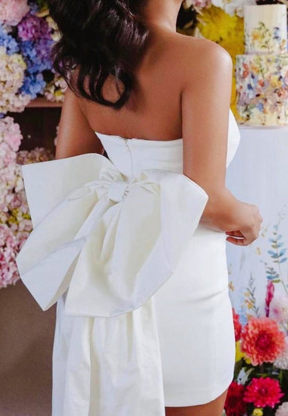 Strapless Ruched Mini Dress with Statement Back Bow