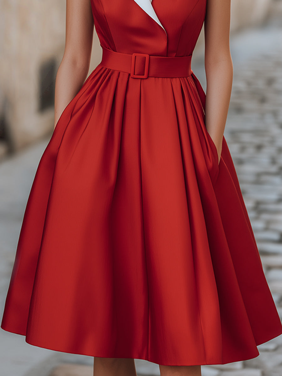 Collared Sleeveless Satin Fit and Flare Midi Dress