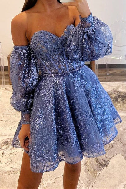 Off Shoulder Puff Sleeve Sequin Lace Mini Dress