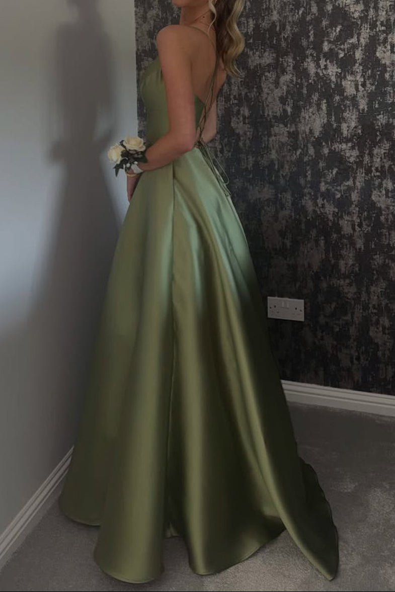 Deep V-Neck Satin A-Line Gown with Crisscross Back