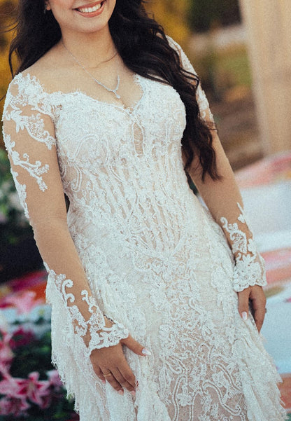 Lace Fringe Wedding Dress with Illusion Sleeves