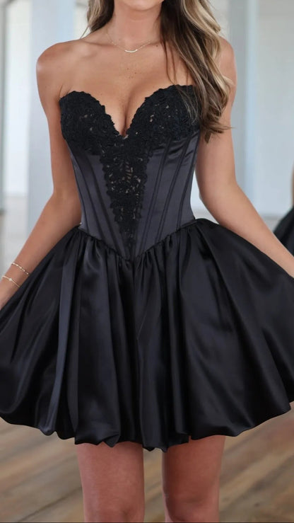 Strapless Corset Lace Applique Satin Mini Dress