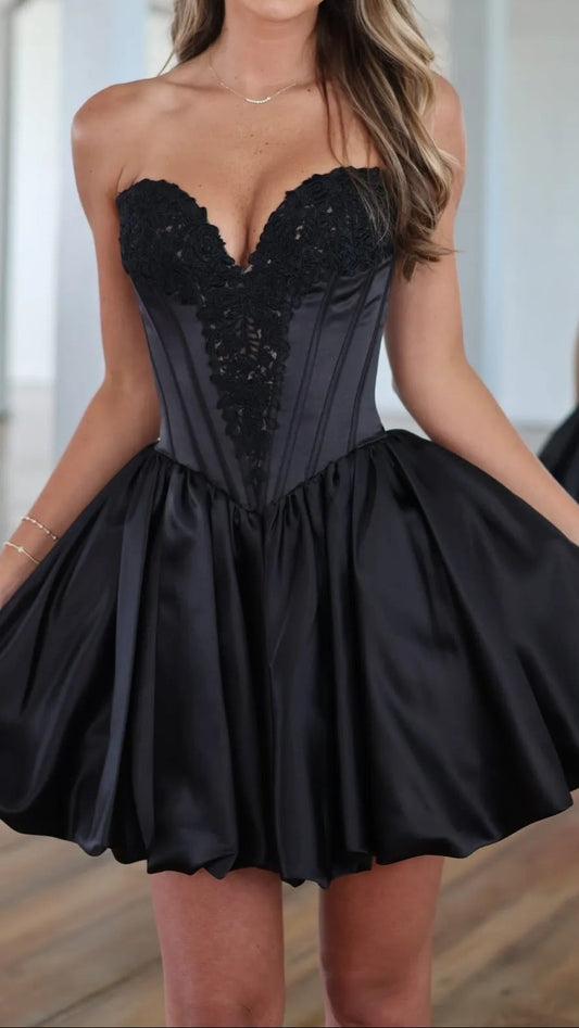 Strapless Corset Lace Applique Satin Mini Dress