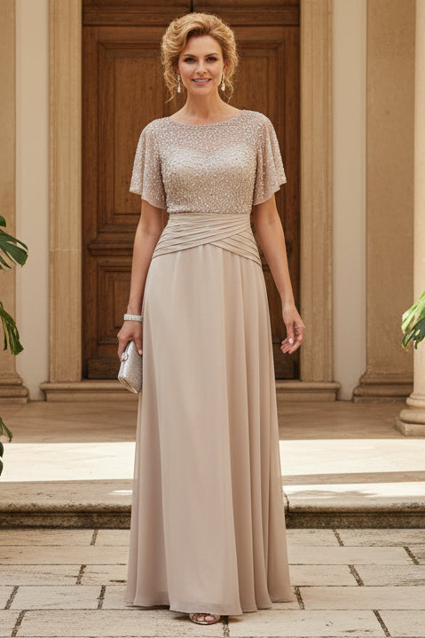Beaded Flutter Sleeve A-Line Chiffon Evening Gown