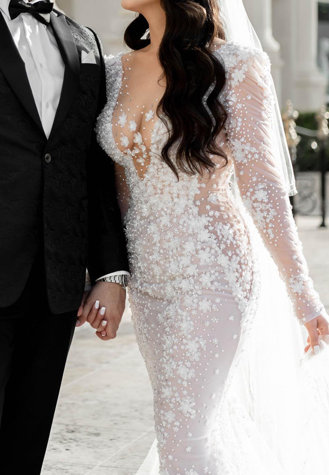 Beaded Illusion Plunge Mermaid Wedding Dress