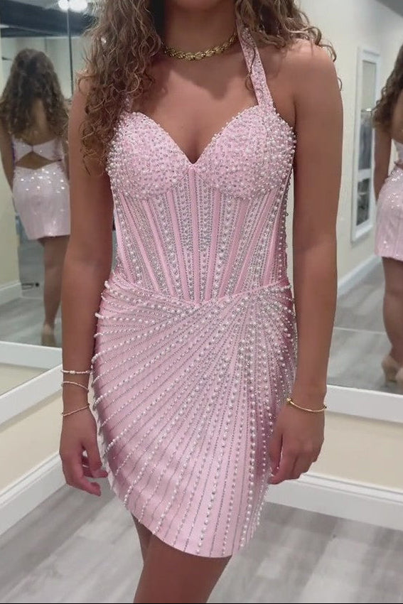 Pearl-Embellished Halter Mini Dress with Corset Bodice