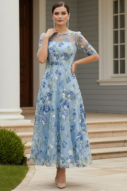 Floral Embroidered Illusion A-Line Midi Dress