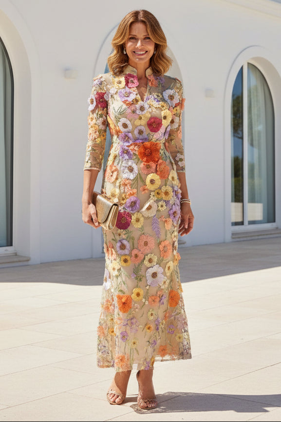 3D Floral Applique High Neck Midi Dress
