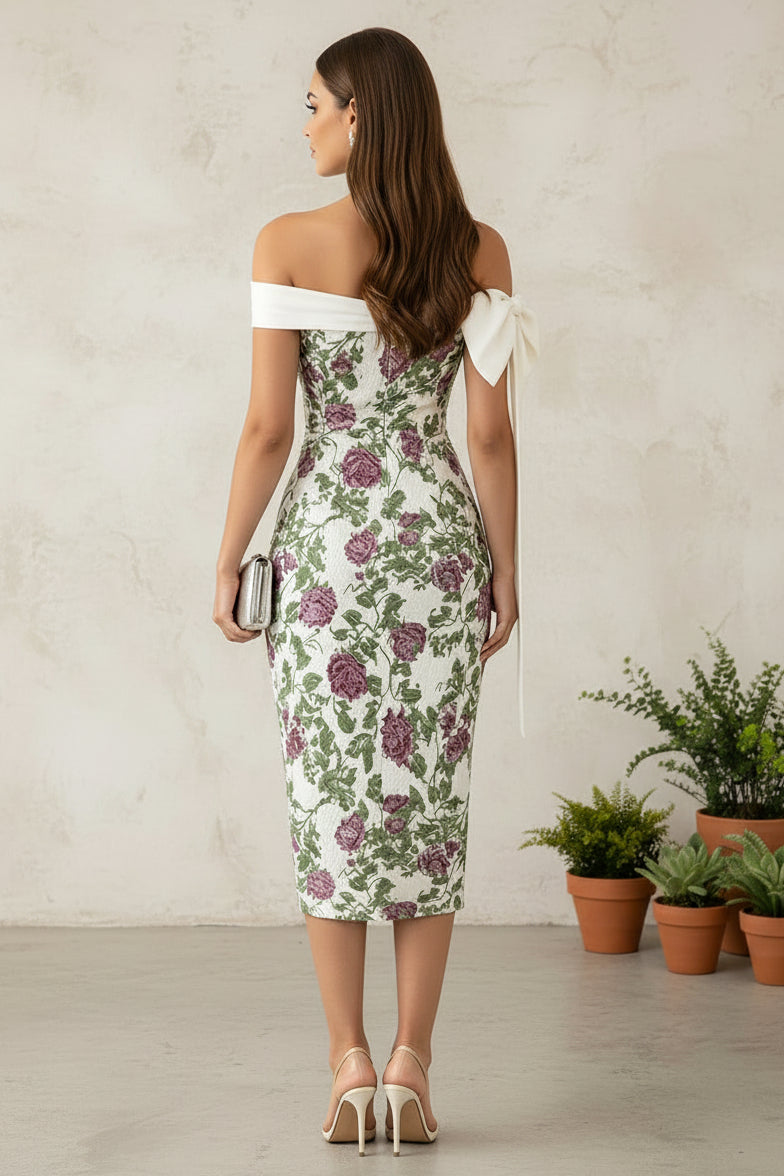 Off Shoulder Floral Jacquard Bow Midi Dress