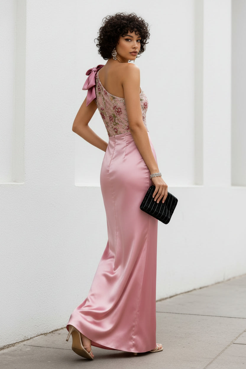 One-Shoulder Floral Embroidered Satin Evening Gown
