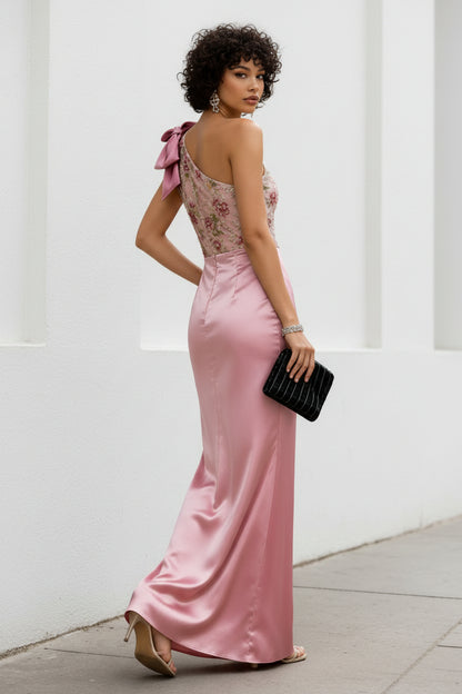 One-Shoulder Floral Embroidered Satin Evening Gown