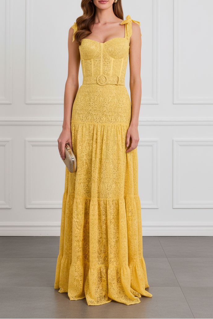 Yellow Lace Corset Belted Tiered Floor-Length Formal Gown