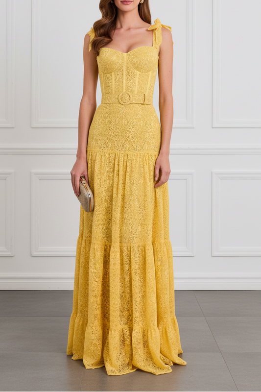 Yellow Lace Corset Belted Tiered Floor-Length Formal Gown