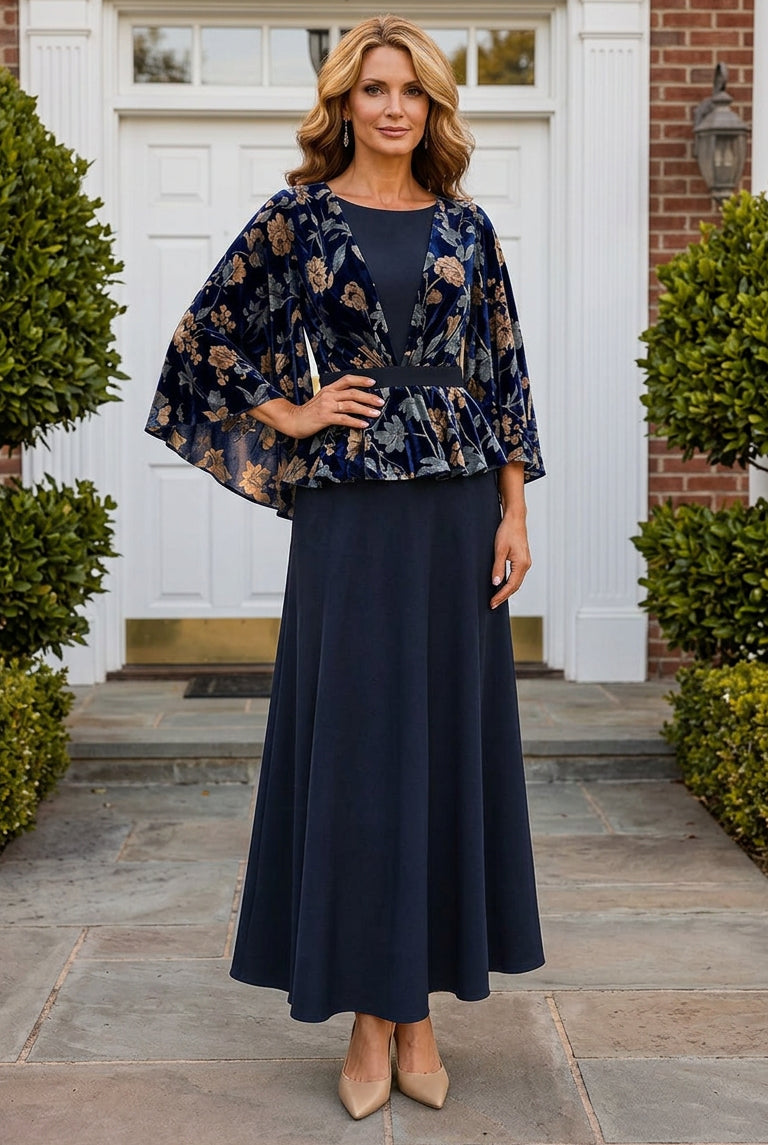 Velvet Floral Cape Overlay Maxi Dress