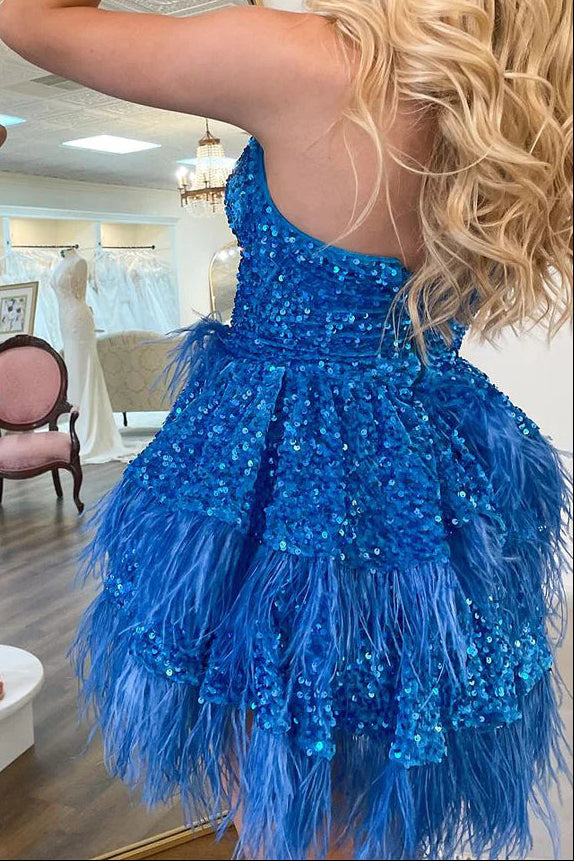 Strapless Sequin Tiered Feather Mini Dress