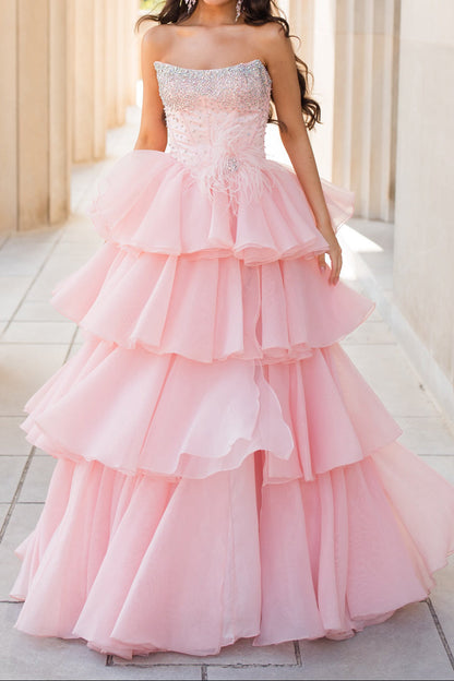 Strapless Tiered Ball Gown with Embellished Bodice